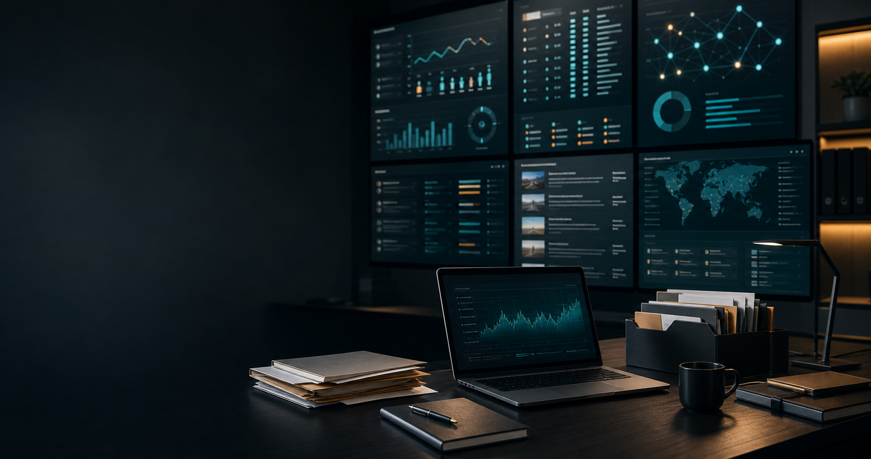A modern reputation monitoring command center with analytics screens and case folders